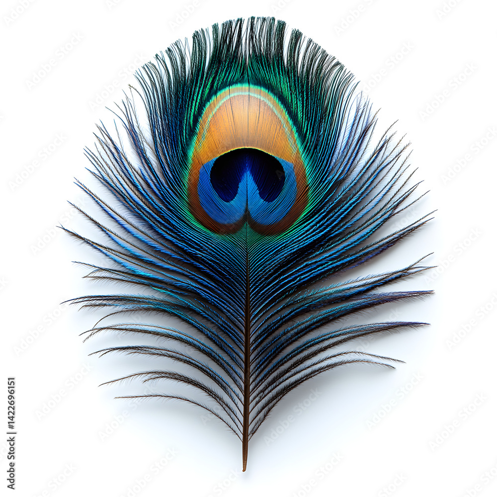 Fototapeta premium A majestic peacock feather isolated on white background.