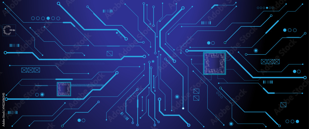 Vector ON power button in the center of futuristic circuit board with light glowing wires on technology abstract background. Vector ON power button in the center of futuristic circuit board with light glowing wires on technology abstract background.