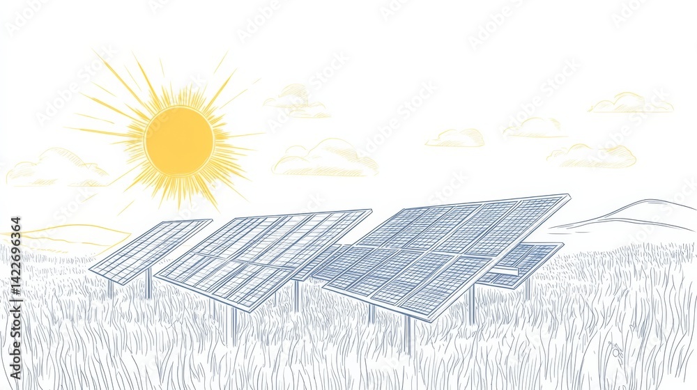 Solar energy in continuous line art drawing style. Solar panels facing the Sun to collect heat