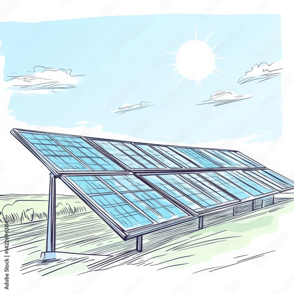 Solar energy in continuous line art drawing style. Solar panels facing the Sun to collect heat