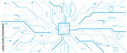 Vector white abstract ON power button in the center of futuristic circuit board with light glowing wires on technology background.
