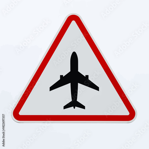 Aviation Warning Sign Depicting a Black Airplane Silhouette in Red Triangle