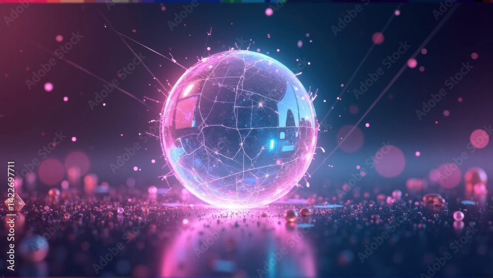 Fototapeta premium A transparent bubble surrounded by smaller droplets, glowing with neon pink and blue light, creating a futuristic, sci-fi vibe with reflections and light distortion. Generative, AI,