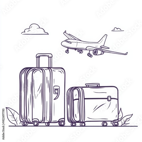 Suitcase and airplane in one continuous line drawing, representing the concept of vacation and travel with luggage and baggage