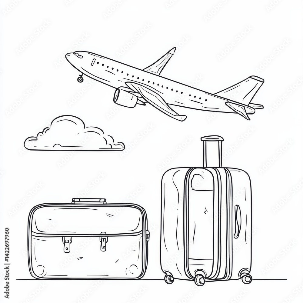 Suitcase and airplane in one continuous line drawing, representing the concept of vacation and travel with luggage and baggage