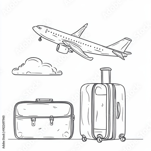 Obraz na płótnie Suitcase and airplane in one continuous line drawing, representing the concept of vacation and travel with luggage and baggage w salonie