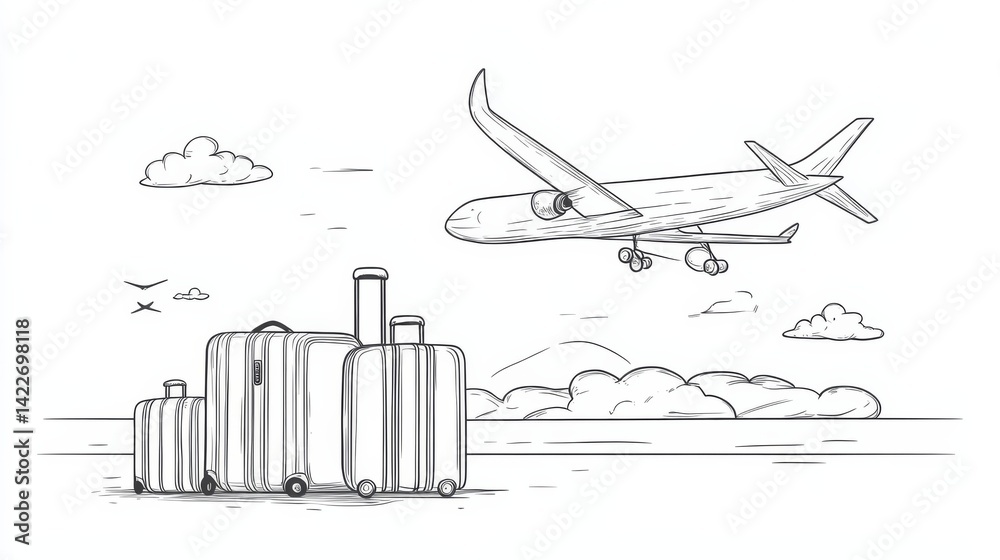 Suitcase and airplane in one continuous line drawing, representing the concept of vacation and travel with luggage and baggage