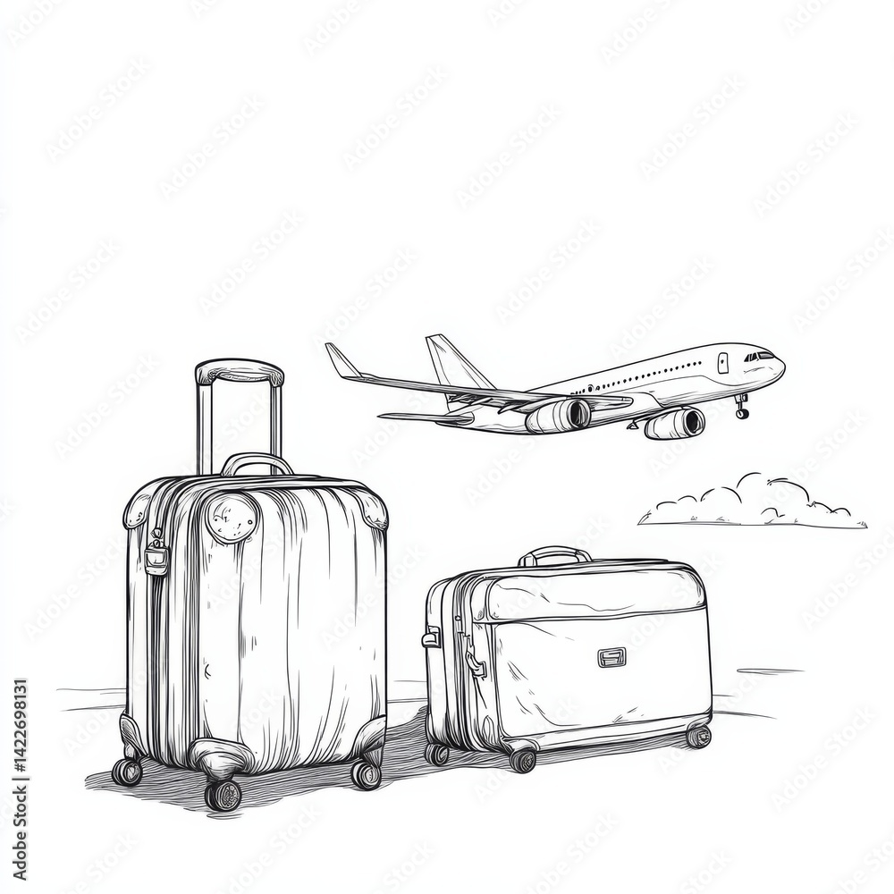 Suitcase and airplane in one continuous line drawing, representing the concept of vacation and travel with luggage and baggage