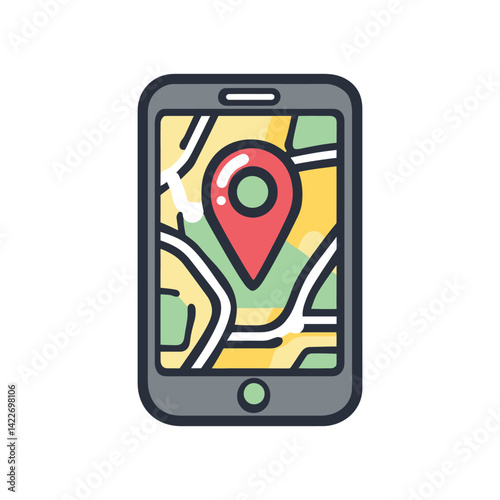 Mobile Phone with Map Red Pin Navigation, Isolated Cartoon Flat