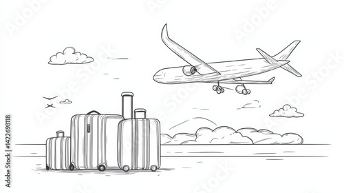 Obraz na płótnie Suitcase and airplane in one continuous line drawing, representing the concept of vacation and travel with luggage and baggage w salonie