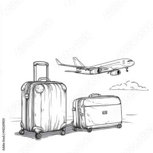 Obraz na płótnie Suitcase and airplane in one continuous line drawing, representing the concept of vacation and travel with luggage and baggage w salonie