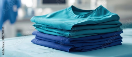 Neatly Stacked Scrubs: Teal and Blue Medical Uniforms