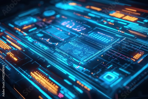 Futuristic Digital Interface with Glowing Blue and Orange Patterns