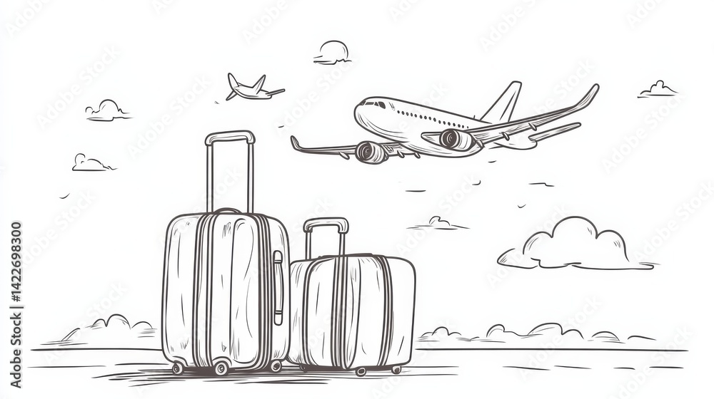 Suitcase and airplane in one continuous line drawing, representing the concept of vacation and travel with luggage and baggage