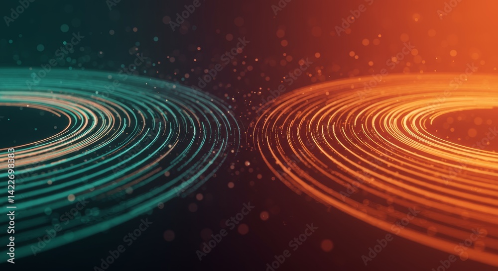 Intricate circular patterns of wavy lines in vibrant turquoise and orange, creating a dynamic visual harmony against a dark background Intricate circular patterns of wavy lines in vibrant turquoise and orange, creating a dynamic visual harmony against a dark background