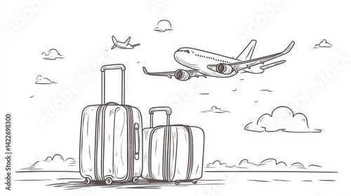 Obraz na płótnie Suitcase and airplane in one continuous line drawing, representing the concept of vacation and travel with luggage and baggage w salonie