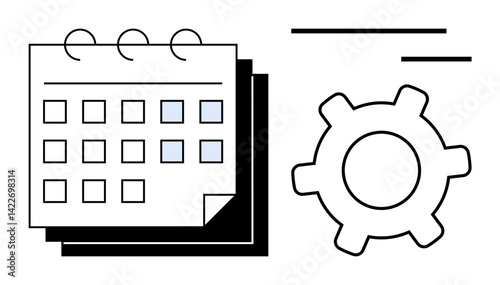 Calendar with highlighted dates and a gear wheel signifying scheduling, planning, and process management. Ideal for productivity, organization, teamwork, time management, workflow, automation