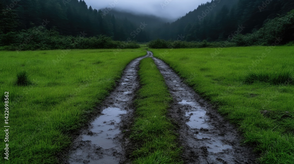 Obraz premium Misty forest path through a grassy meadow