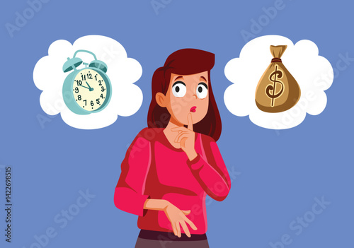 Woman Chooses Between Money and Time Finite Resources Vector Cartoon. Indecisive girl tries to find a balance between career and personal life 