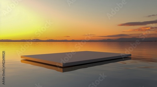 Tranquil Sunset Over Calm Water with Floating Platform Reflection