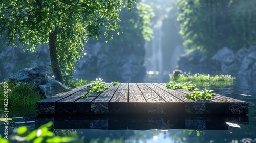 Serene Floating Dock in Lush Forest with Tranquil Waterfall View