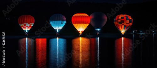 Nighttime Hot Air Balloons Reflecting on Calm Lake Waters