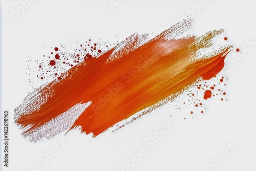 Vibrant Orange Paint Stroke with Splatter on White Background
