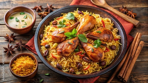 Fragrant basmati rice and marinated chicken cooked in a flavorful spicy Indian biryani dish , cooking