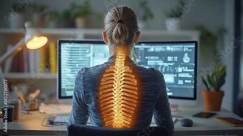 Woman Working at Computer with Glowing Spine Visualization