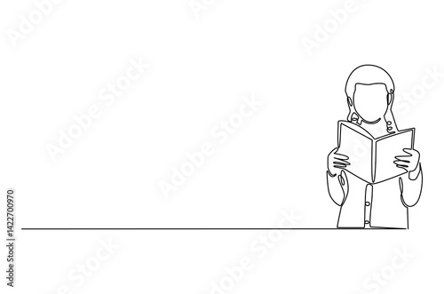 Continuous one line drawing of little girl reading a book. Single line drawing illustration Little woman reading book. World children book day concept vector art. Doodle line illustration.