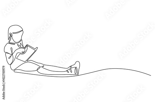Continuous one line drawing of little girl reading a book. Single line drawing illustration Little woman reading book. World children book day concept vector art. Doodle line illustration.