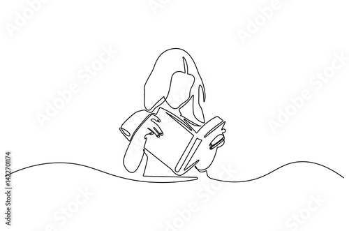 Continuous one line drawing of little girl reading a book. Single line drawing illustration Little woman reading book. World children book day concept vector art. Doodle line illustration.