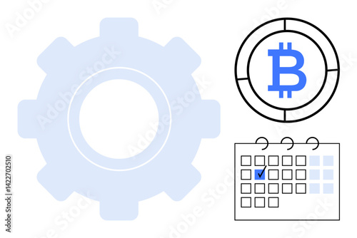 Bitcoin emblem inside circle, large gear symbolizing process and mechanics, and calendar with marked date. Ideal for blockchain, finance, crypto mining, planning, technology, economy digital