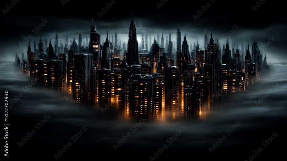 Fototapeta premium Dark Metropolis: A Cityscape Veiled in Atmospheric Obscurity and Mysterious Lights