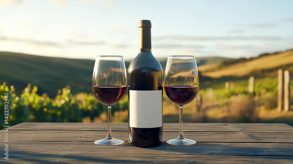 Bottle of red wine with mock-up label and two glasses of wine on an outdoor table with a rural landscape of vineyards in the background
