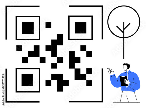 QR code with man holding device near abstract tree outline, pointing at code. Ideal for technology, eco-awareness, digital interaction, data sharing, education, navigation sustainability. Flat