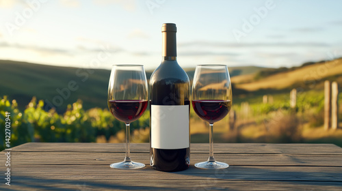 Obraz na płótnie Bottle of red wine with mock-up label and two glasses of wine on an outdoor table with a rural landscape of vineyards in the background w salonie