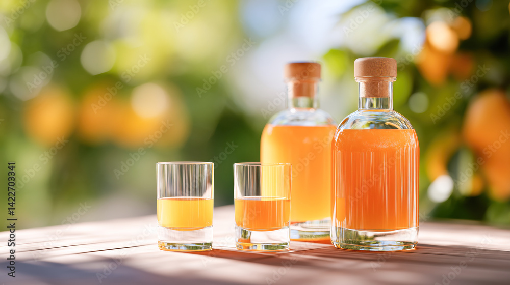 Two shot glasses and two bottles filled with orange drink on a wooden table, illuminated by warm sunlight with oranges and green foliage in the blurred background.