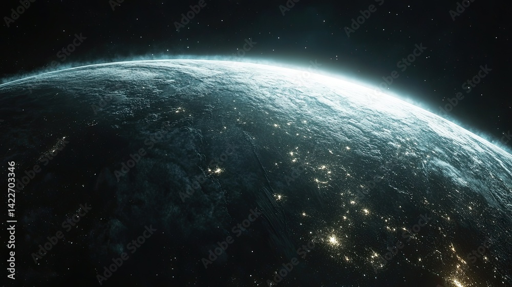 Fototapeta premium Panoramic View of Planet Earth from Space, Glowing City Lights for Concept Art and Global Connectivity