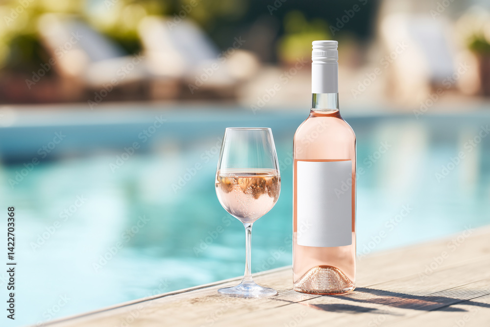 A bottle of rose wine with a blank mock-up label and glass served by the pool.
