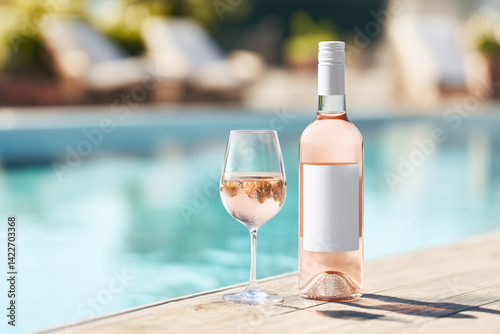 Obraz na płótnie A bottle of rose wine with a blank mock-up label and glass served by the pool. w salonie