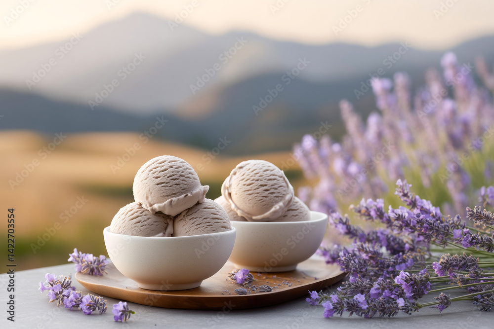 Delicious ice cream in ceramic bowls on a table decorated with fragrant lavender, set against a sunset landscape