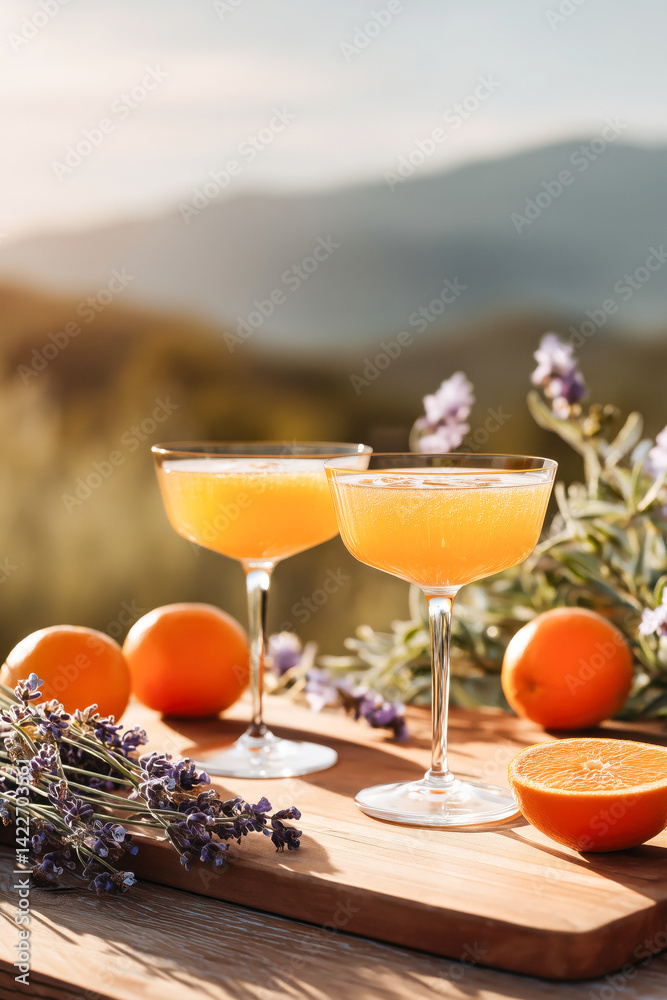Refreshing drinks with ice and oranges on a table decorated with lavender