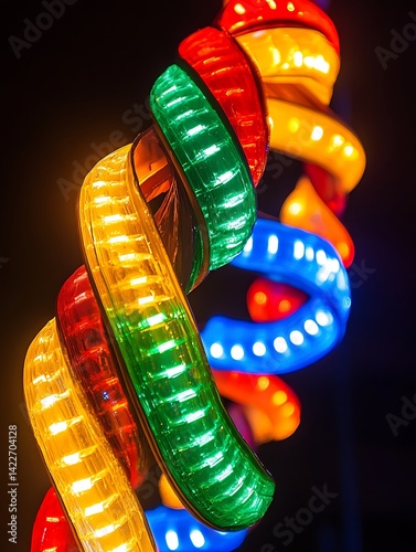 Vibrant luminous flexible ribbon of led lights entwined in helical pattern