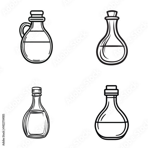 Outline Oil Bottle Set on Transparent Variety of Decanters, Cruets, and Flasks