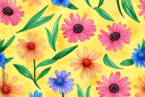 Vibrant Watercolor Floral Seamless Pattern Colorful Flowers Yellow Background