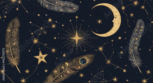 Celestial Pattern with Feathers, Moon and Stars Design