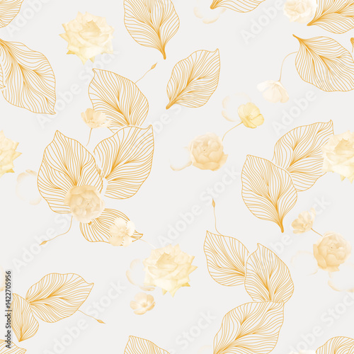 Floral seamless pattern features a delicate, watercolor-like flowers and stylized leaves with a central vein and radiating lines on a soft yellow background, creating a gentle and ethereal feel