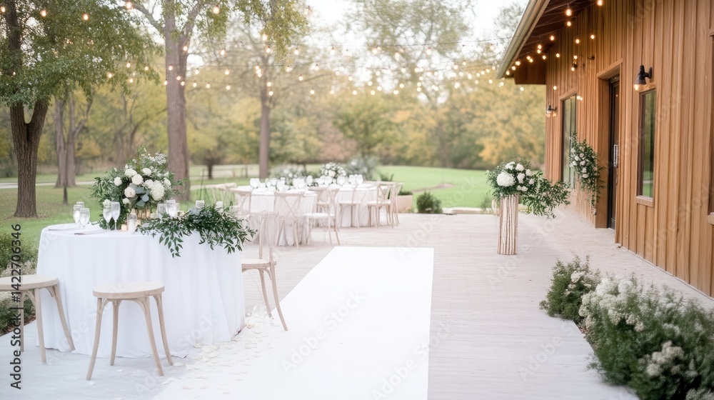Fototapeta premium Elegant outdoor wedding reception setup on a patio next to a wooden barn with white table linens, floral centerpieces, and warm string lights.