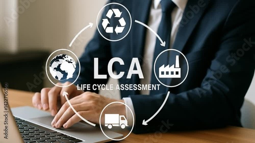 LCA Life Cycle Assessment Analysis: A close-up shot depicts a businessperson’s hands working on a laptop with superimposed graphics representing Life Cycle Assessment (LCA) analysis. 